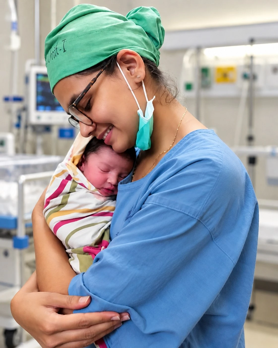 Dr. Ojaswini Sheshrao Gajbhiye in blue scrubs, gently holding a newborn baby